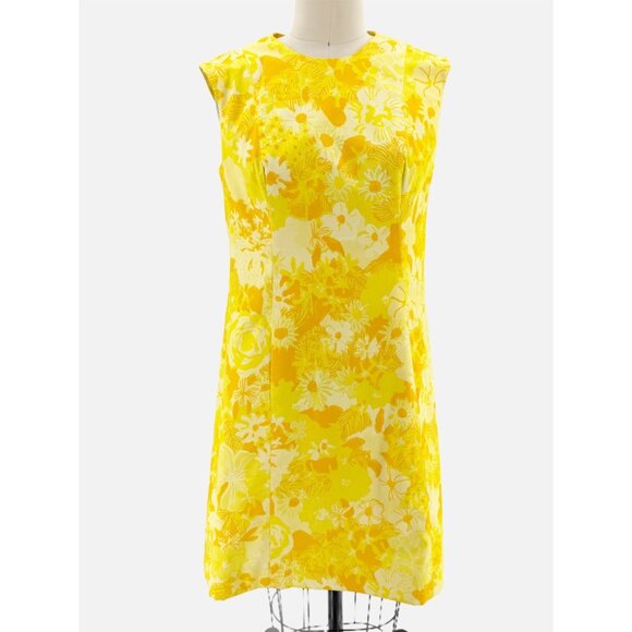 Vanda Fashions Vtg 1960s Mod Yellow Floral Print A line Sleeveless Dress Sz 10 - Picture 14 of 14